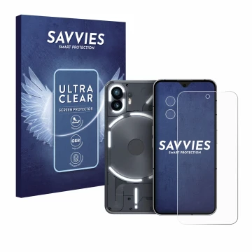 Face avant d’un emballage produit avec le logo de la marque Savvies. À côté, l’appareil Nothing Phone (2) (Avant+Caméra) est r