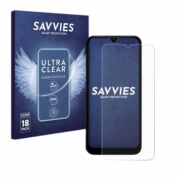 Face avant d’un emballage produit avec le logo de la marque Savvies. À côté, l’appareil Doro 8200 est représenté avec la prote