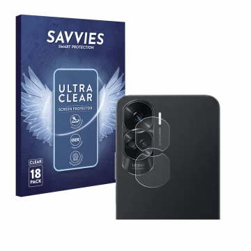 Face avant d’un emballage produit avec le logo de la marque Savvies. À côté, l’appareil Honor 90 Lite (Caméra UNIQUEMENT) est 