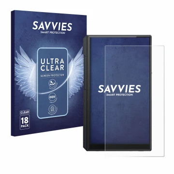 Face avant d’un emballage produit avec le logo de la marque Savvies. À côté, l’appareil FiiO M11s est représenté avec la prote