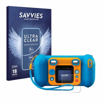 Face avant d’un emballage produit avec le logo de la marque Savvies. À côté, l’appareil Vtech Kidizoom Kid 4 est représenté av