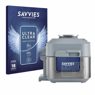 Face avant d’un emballage produit avec le logo de la marque Savvies. À côté, l’appareil Ninja Speedi Rapid Cooking System est 