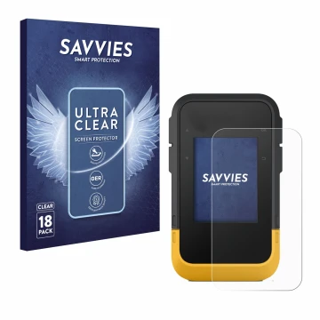 Face avant d’un emballage produit avec le logo de la marque Savvies. À côté, l’appareil Garmin eTrex SE est représenté avec la