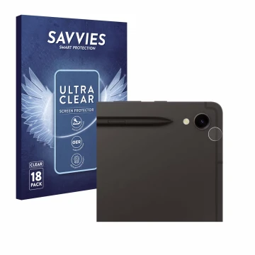 Face avant d’un emballage produit avec le logo de la marque Savvies. À côté, l’appareil Samsung Galaxy Tab S9 WiFi (Caméra UNI