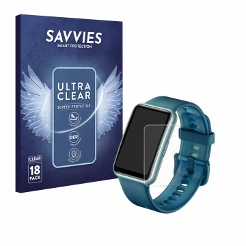 Face avant d’un emballage produit avec le logo de la marque Savvies. À côté, l’appareil Huawei Watch Fit Special Edition est r