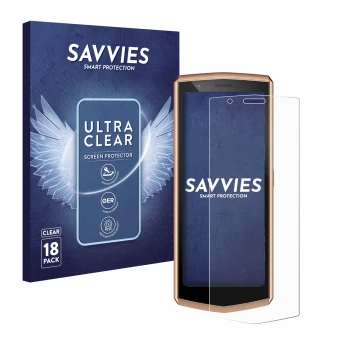 Face avant d’un emballage produit avec le logo de la marque Savvies. À côté, l’appareil Cubot Pocket 3 est représenté avec la 