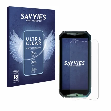 Face avant d’un emballage produit avec le logo de la marque Savvies. À côté, l’appareil Ulefone Armor 20WT est représenté avec
