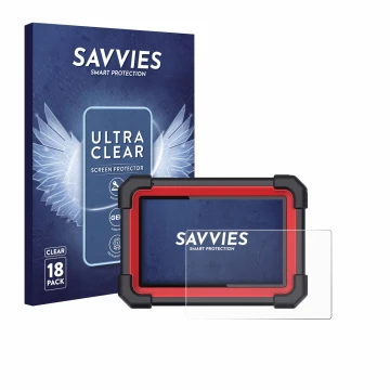 Face avant d’un emballage produit avec le logo de la marque Savvies. À côté, l’appareil Launch X-431 CRP 919E BT est représent