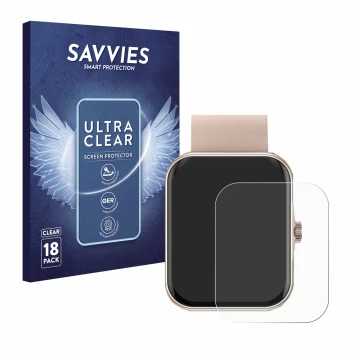 Face avant d’un emballage produit avec le logo de la marque Savvies. À côté, l’appareil Mutoy Smartwatch 1.83