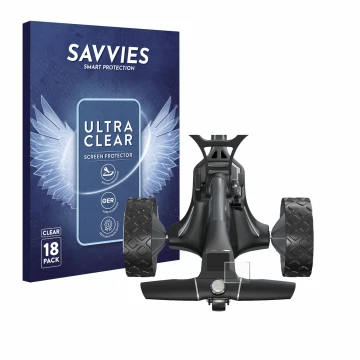 Face avant d’un emballage produit avec le logo de la marque Savvies. À côté, l’appareil Motocaddy M7 GPS Electric Trolley est 