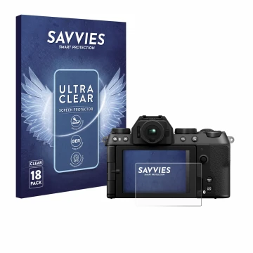 Face avant d’un emballage produit avec le logo de la marque Savvies. À côté, l’appareil Fujifilm X-S20 est représenté avec la 