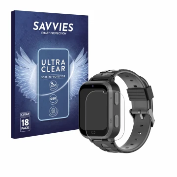 Face avant d’un emballage produit avec le logo de la marque Savvies. À côté, l’appareil Beafon Kids Watch SW2 est représenté a