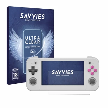 Face avant d’un emballage produit avec le logo de la marque Savvies. À côté, l’appareil Anbernic RG505 est représenté avec la 