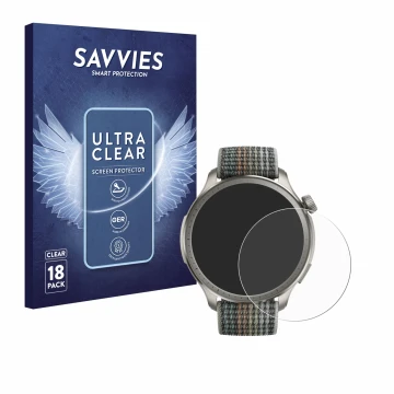 Face avant d’un emballage produit avec le logo de la marque Savvies. À côté, l’appareil Huami Amazfit Balance est représenté a