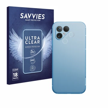 Face avant d’un emballage produit avec le logo de la marque Savvies. À côté, l’appareil Fairphone 5 (Caméra UNIQUEMENT) est re