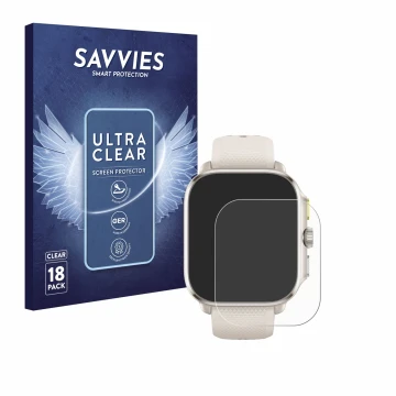 Face avant d’un emballage produit avec le logo de la marque Savvies. À côté, l’appareil Huami Amazfit Cheetah (Square) est rep