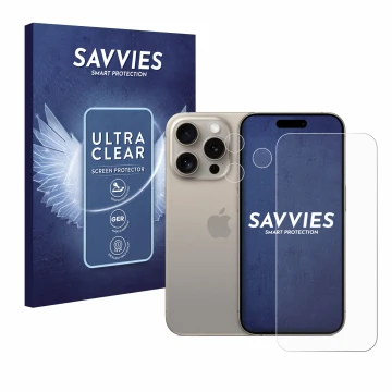 Face avant d’un emballage produit avec le logo de la marque Savvies. À côté, l’appareil Apple iPhone 15 Pro (Avant+Caméra) est