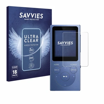 Face avant d’un emballage produit avec le logo de la marque Savvies. À côté, l’appareil Sony Walkman NW-E394 est représenté av