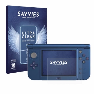 Face avant d’un emballage produit avec le logo de la marque Savvies. À côté, l’appareil Nintendo New 3DS XL (Affichage inférie