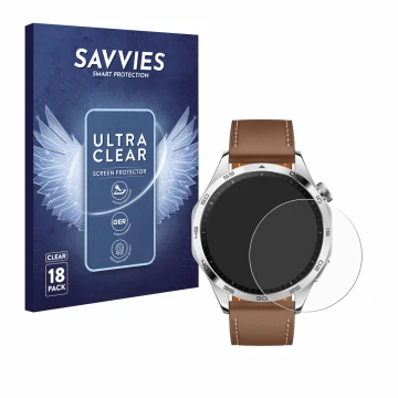Face avant d’un emballage produit avec le logo de la marque Savvies. À côté, l’appareil Huawei Watch GT 4 (46mm) est représent