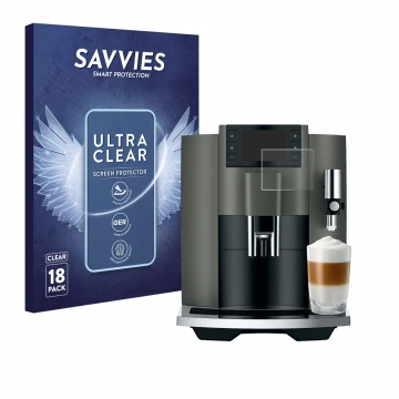Face avant d’un emballage produit avec le logo de la marque Savvies. À côté, l’appareil Jura E8 (EC) est représenté avec la pr