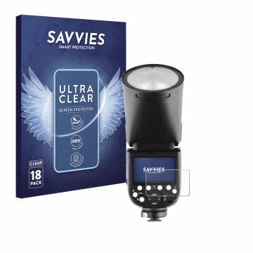 Face avant d’un emballage produit avec le logo de la marque Savvies. À côté, l’appareil Godox V1 est représenté avec la protec