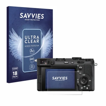 Face avant d’un emballage produit avec le logo de la marque Savvies. À côté, l’appareil Sony Alpha 7CR est représenté avec la 