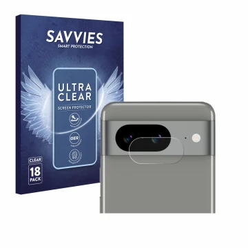 Face avant d’un emballage produit avec le logo de la marque Savvies. À côté, l’appareil Google Pixel 8 (Caméra UNIQUEMENT) est