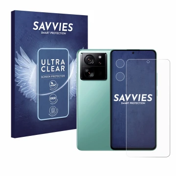 Face avant d’un emballage produit avec le logo de la marque Savvies. À côté, l’appareil Xiaomi 13T (Avant+Caméra) est représen