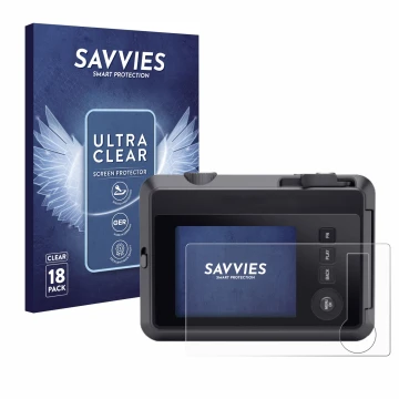 Face avant d’un emballage produit avec le logo de la marque Savvies. À côté, l’appareil Leica SOFORT 2 est représenté avec la 