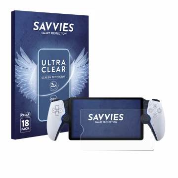 Face avant d’un emballage produit avec le logo de la marque Savvies. À côté, l’appareil Sony Playstation Portal est représenté