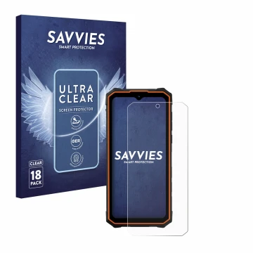 Face avant d’un emballage produit avec le logo de la marque Savvies. À côté, l’appareil Hotwav Cyber 13 Pro est représenté ave