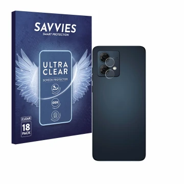 Face avant d’un emballage produit avec le logo de la marque Savvies. À côté, l’appareil Motorola Moto G84 (Caméra UNIQUEMENT) 