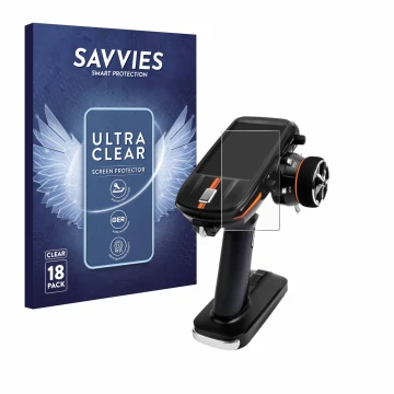 Face avant d’un emballage produit avec le logo de la marque Savvies. À côté, l’appareil RadioLink RC8X est représenté avec la 