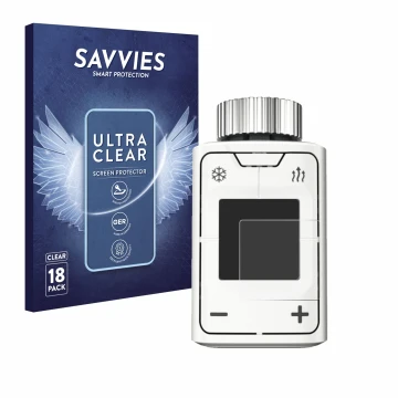 Face avant d’un emballage produit avec le logo de la marque Savvies. À côté, l’appareil AVM FRITZ!DECT 302 est représenté avec