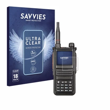 Face avant d’un emballage produit avec le logo de la marque Savvies. À côté, l’appareil Radtel RT-470X est représenté avec la 
