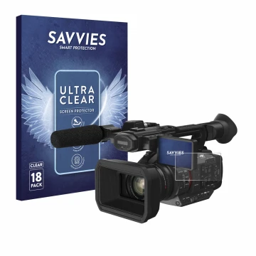 Face avant d’un emballage produit avec le logo de la marque Savvies. À côté, l’appareil Panasonic HC-X2 est représenté avec la