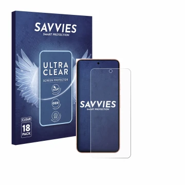 Face avant d’un emballage produit avec le logo de la marque Savvies. À côté, l’appareil Google Pixel 8 (case-friendly) est rep