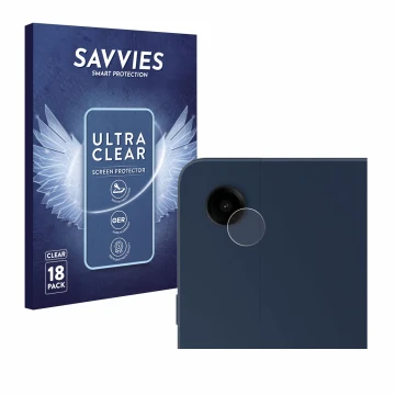 Face avant d’un emballage produit avec le logo de la marque Savvies. À côté, l’appareil Samsung Galaxy Tab A9 Plus WiFi (Camér