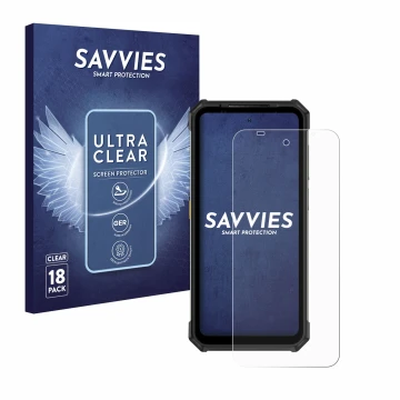 Face avant d’un emballage produit avec le logo de la marque Savvies. À côté, l’appareil Ulefone Armor 24 est représenté avec l