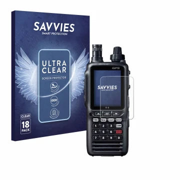 Face avant d’un emballage produit avec le logo de la marque Savvies. À côté, l’appareil Yaesu FTA-850L est représenté avec la 