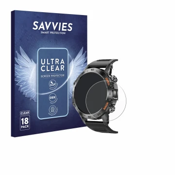 Face avant d’un emballage produit avec le logo de la marque Savvies. À côté, l’appareil Lemfo Smartwatch 1.39