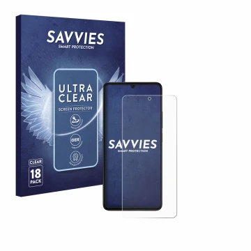 Face avant d’un emballage produit avec le logo de la marque Savvies. À côté, l’appareil Xiaomi Poco X6 Pro est représenté avec