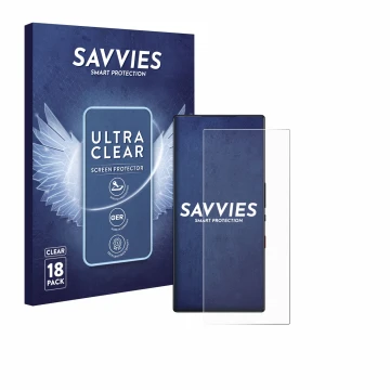 Face avant d’un emballage produit avec le logo de la marque Savvies. À côté, l’appareil ZTE Nubia Red Magic 9 Pro est représen