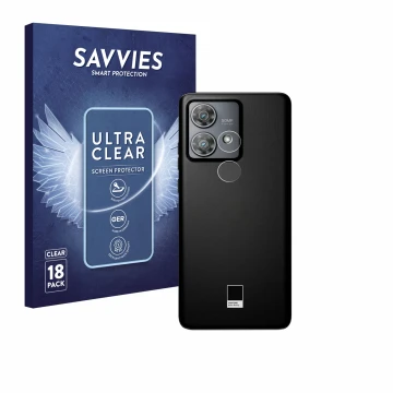 Face avant d’un emballage produit avec le logo de la marque Savvies. À côté, l’appareil Motorola Edge 40 Neo (Caméra UNIQUEMEN