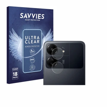 Face avant d’un emballage produit avec le logo de la marque Savvies. À côté, l’appareil Xiaomi Poco C65 (Caméra UNIQUEMENT) es