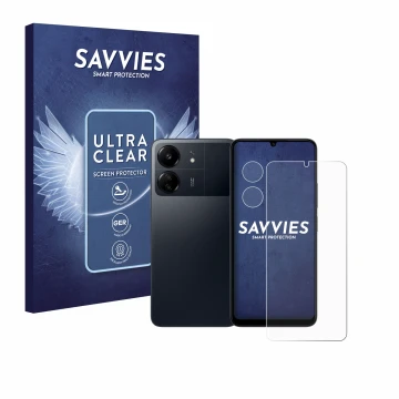 Face avant d’un emballage produit avec le logo de la marque Savvies. À côté, l’appareil Xiaomi Poco C65 (Avant+Caméra) est rep