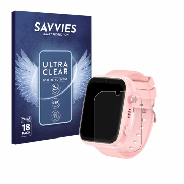 Face avant d’un emballage produit avec le logo de la marque Savvies. À côté, l’appareil jianyana 4G Kids Smartwatch est représ
