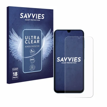 Face avant d’un emballage produit avec le logo de la marque Savvies. À côté, l’appareil Samsung Galaxy A15 5G est représenté a