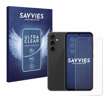 Face avant d’un emballage produit avec le logo de la marque Savvies. À côté, l’appareil Samsung Galaxy S23 FE (Avant+Caméra) e